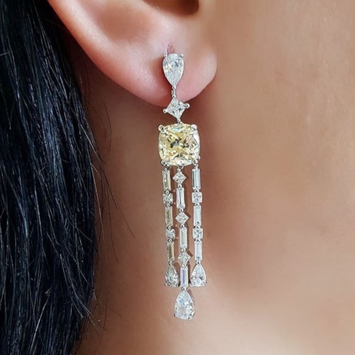 CNG Jewels - Pırlanta Modeli Baget Damla Kare Sarı Taşlı Abiye Gümüş Bayan Küpe