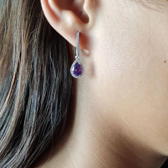 Pırlanta Modeli Damla Ametist Kadın Gümüş Küpe - 1
