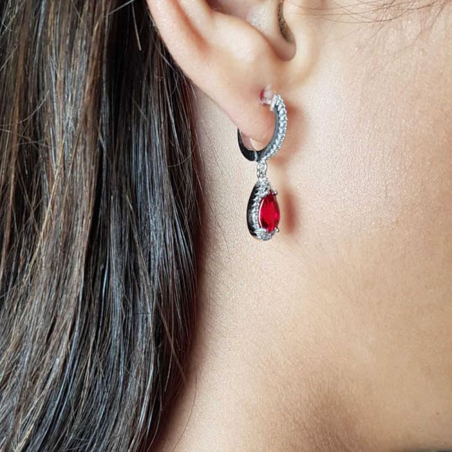 Diamond Model Drop Ruby Dangle Silver Earrings - 2