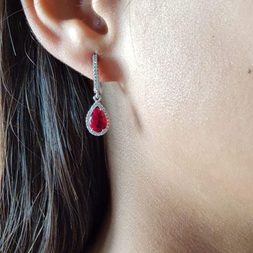 CNG Jewels - Pırlanta Modeli Damla Ruby Sallantılı Gümüş Küpe