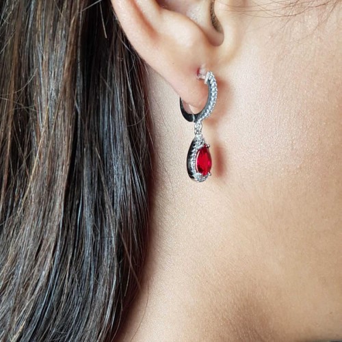 Pırlanta Modeli Damla Ruby Sallantılı Gümüş Küpe - 2