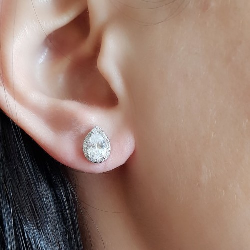 Drop Solitaire Silver Women's Earrings with Stones Around - CNG Jewels (1)