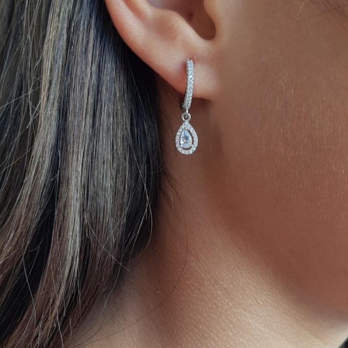 Pırlanta Modeli Damla Tektaş Sallantılı Gümüş Kadın Küpe - 1