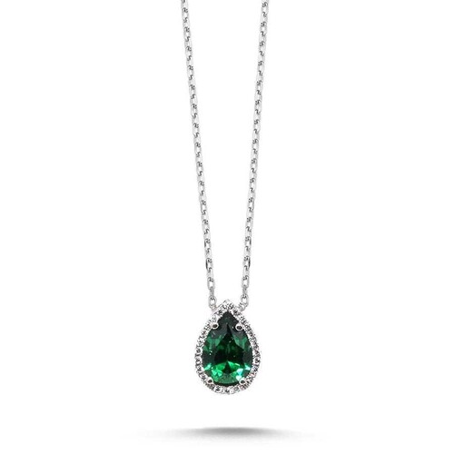 CNG Jewels - Pırlanta Modeli Damla Zümrüt Renk Taşlı Gümüş Bayan Kolye
