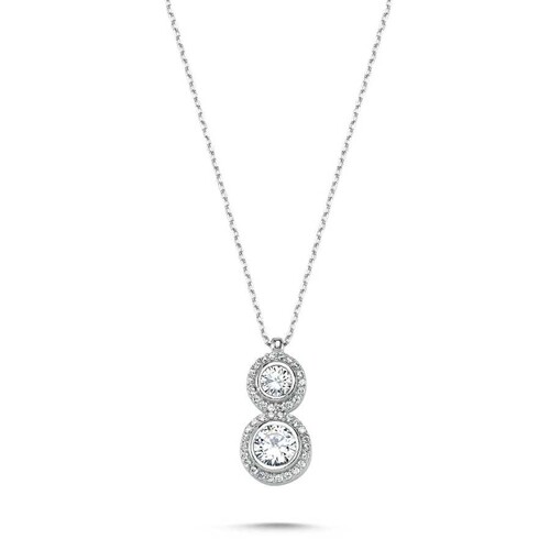 CNG Jewels - Pırlanta Modeli İki Yuvarlak Taşlı Anturaj Gümüş Bayan Kolye