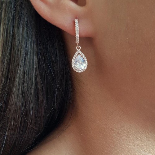 CNG Jewels - Pırlanta Modeli Sallantılı Büyük Damla Tektaş Rose Gümüş Bayan Küpe