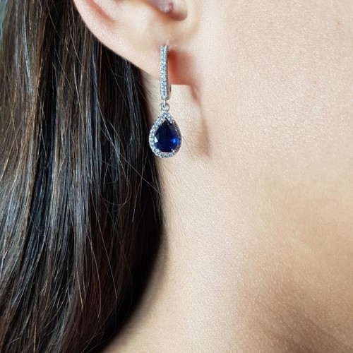 Pırlanta Modeli Safir Damla Taşlı Kadın Gümüş Küpe - 2