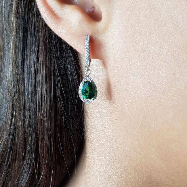 Pırlanta Modeli Sallantılı Zümrüt Damla Taşlı Gümüş Kadın Küpe - 2