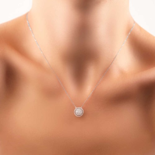 Pırlanta Modeli Tektaş İki Sıra Yuvarlak Gümüş Kadın Kolye - 2