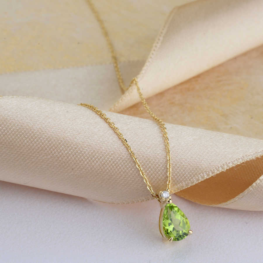 Pırlanta Taşlı Damla Peridot Altın Kolye - CNG Jewels (1)