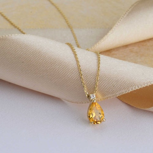 Pırlanta Taşlı Damla Sitrin Altın Kolye - CNG Jewels (1)
