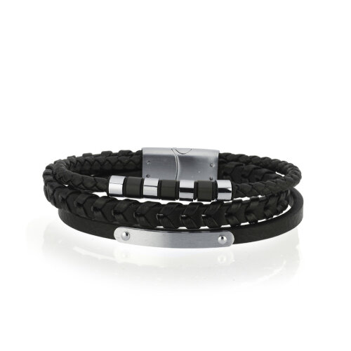 Plakalı Boğumlu Çelik Üçlü Düz Örgü Derili Erkek Bilekliği - 1