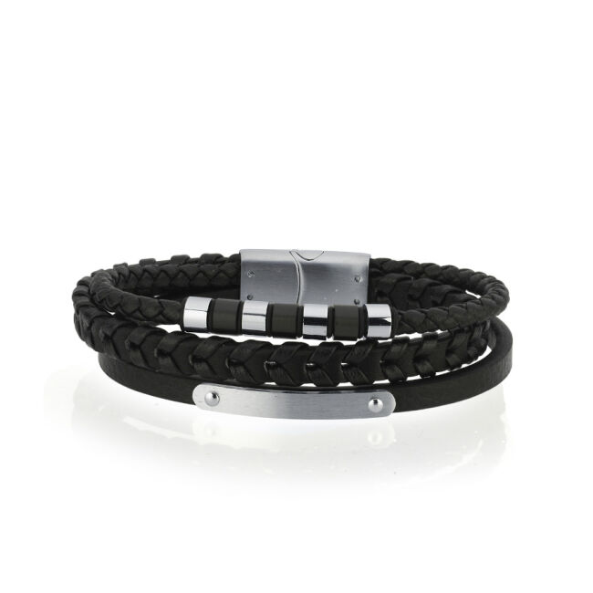 Plakalı Boğumlu Çelik Üçlü Düz Örgü Derili Erkek Bilekliği - 1