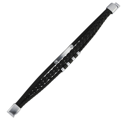 Plakalı Boğumlu Çelik Üçlü Düz Örgü Derili Erkek Bilekliği - 2