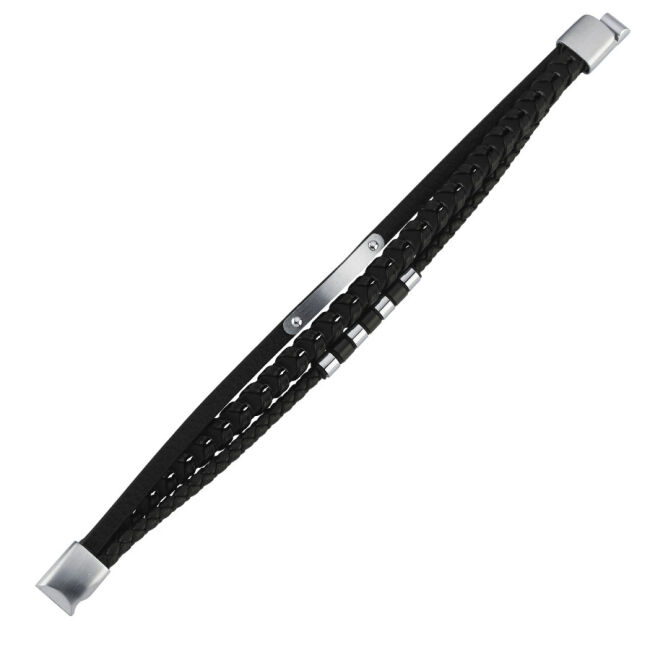 Plakalı Boğumlu Çelik Üçlü Düz Örgü Derili Erkek Bilekliği - 2