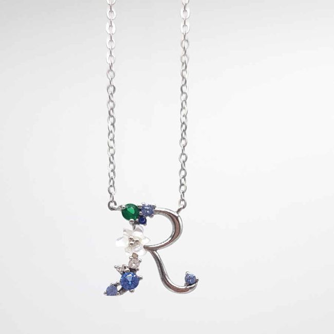 R Harfi Çiçekli Gümüş Kadın Kolye - 1