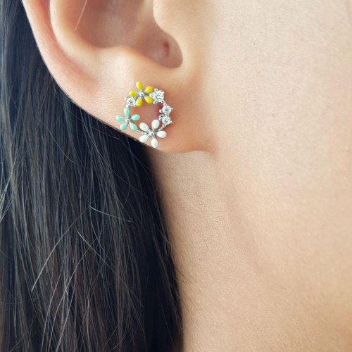 CNG Jewels - Renkli Mineli Çiçekli Çelenk Gümüş Bayan Küpe