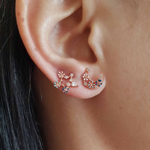 Colorful Flower Crescent Star Silver Women's Earrings - CNG Jewels (1)
