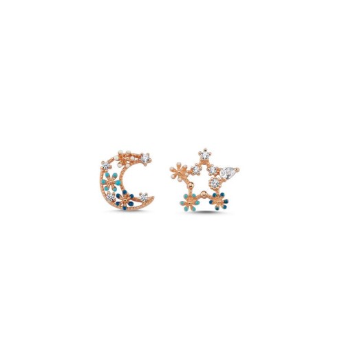 CNG Jewels - Renkli Çiçekli Ay Yıldız Gümüş Kadın Küpe