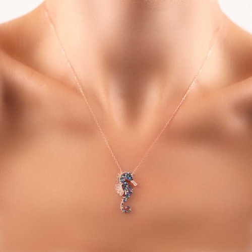 CNG Jewels - Renkli Deniz Atı Rose Gümüş Bayan Kolye