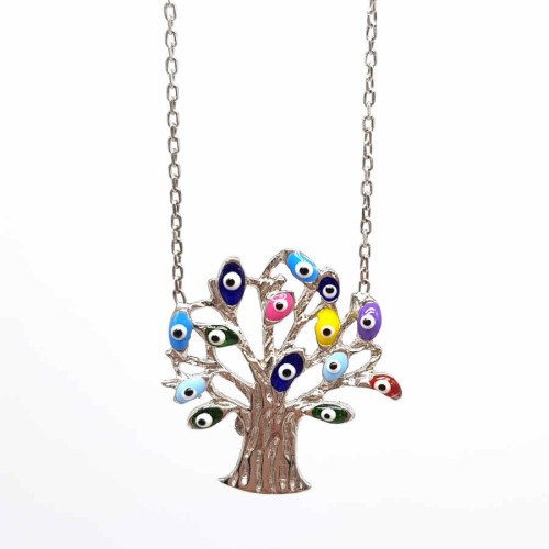 Renkli Nazar Boncuklu Hayat Ağacı Gümüş Bayan Kolye - Thumbnail