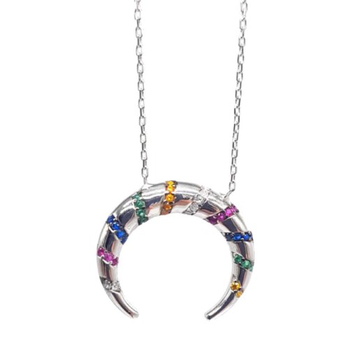 CNG Jewels - Renkli Şeritli Hilal Gümüş Bayan Kolye