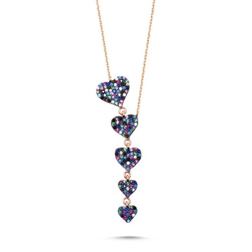 CNG Jewels - Renkli Taşlı Beş Kalp Gümüş Bayan Kolye