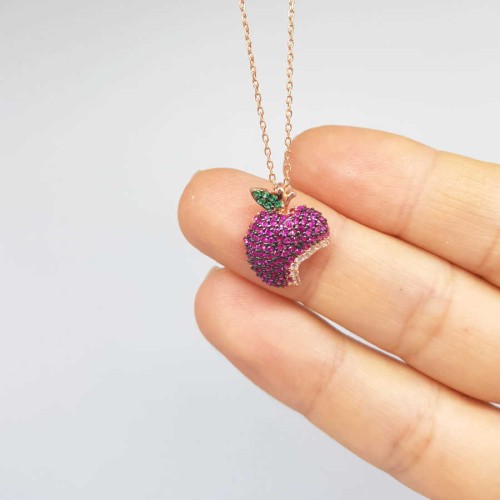 Renkli Taşlı Elma Gümüş Kadın Kolye - 1