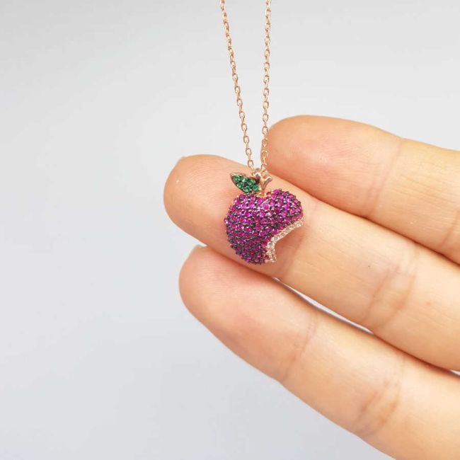 Renkli Taşlı Elma Gümüş Kadın Kolye - 1