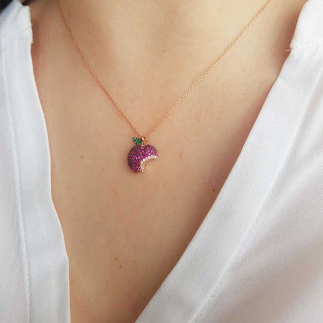 Renkli Taşlı Elma Gümüş Kadın Kolye - 2