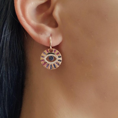 CNG Jewels - Renkli Taşlı Göz Sallantılı Rose Gümüş Bayan Küpe