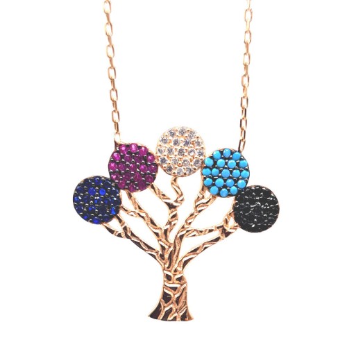 CNG Jewels - Renkli Taşlı Hayat Ağacı Gümüş Bayan Kolye