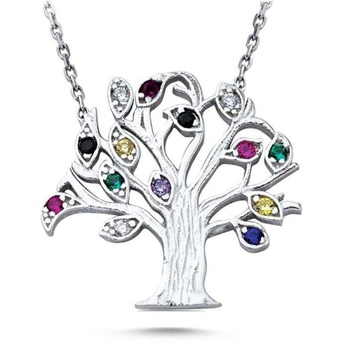 CNG Jewels - Renkli Taşlı Küçük Hayat Ağacı Gümüş Bayan Kolye