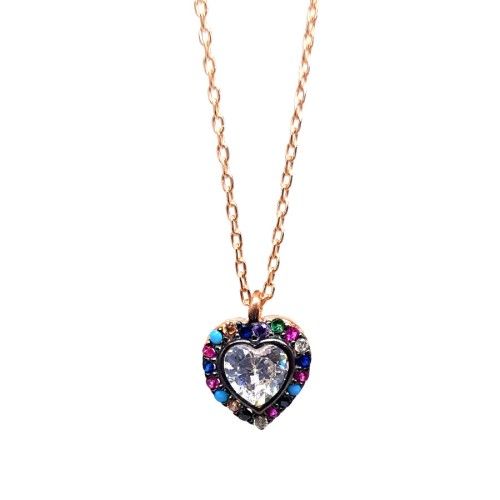 CNG Jewels - Renkli Taşlı Küçük Kalp Gümüş Bayan Kolye