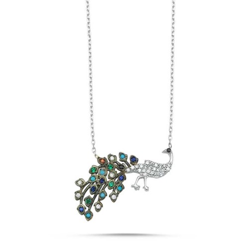 CNG Jewels - Renkli Taşlı Tavus Kuşu Gümüş Bayan Kolye