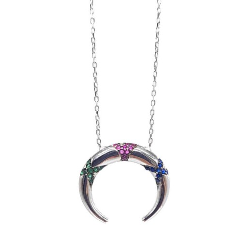 Renkli Taşlı Ters Hilal Gümüş Kadın Kolye - 1