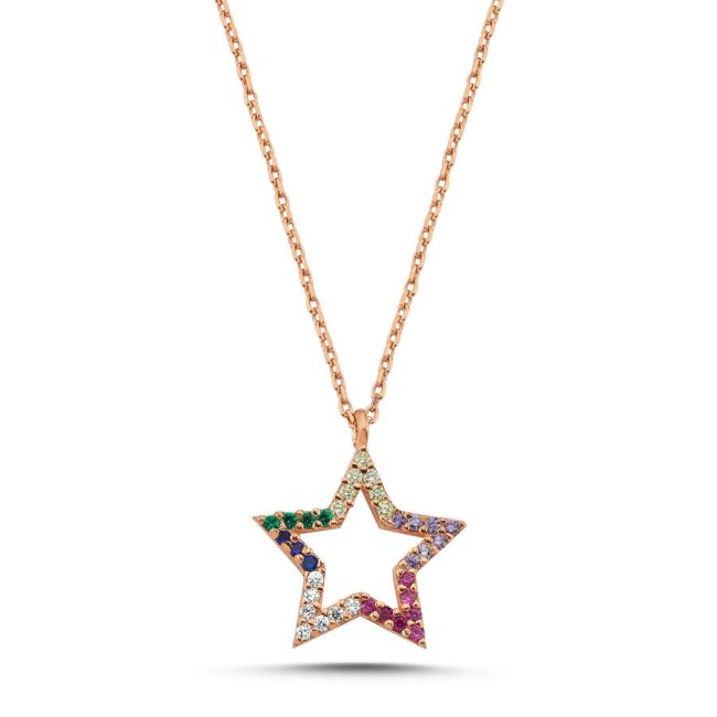 Colorful Stone Star Rose Women's Silver Necklace - 1