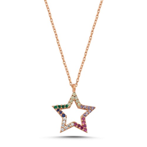 CNG Jewels - Renkli Taşlı Yıldız Rose Kadın Gümüş Kolye