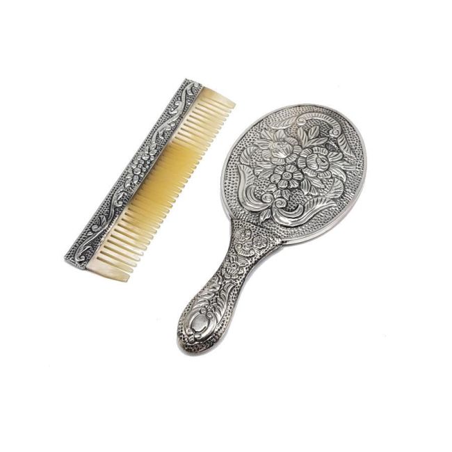 Rose Patterned Small Hand Mirror Comb Set of Two Silver - 1