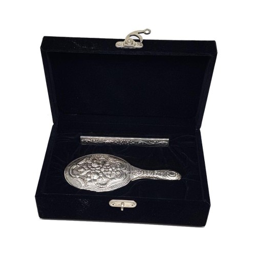 Rose Patterned Small Hand Mirror Comb Set of Two Silver - CNG Jewels (1)