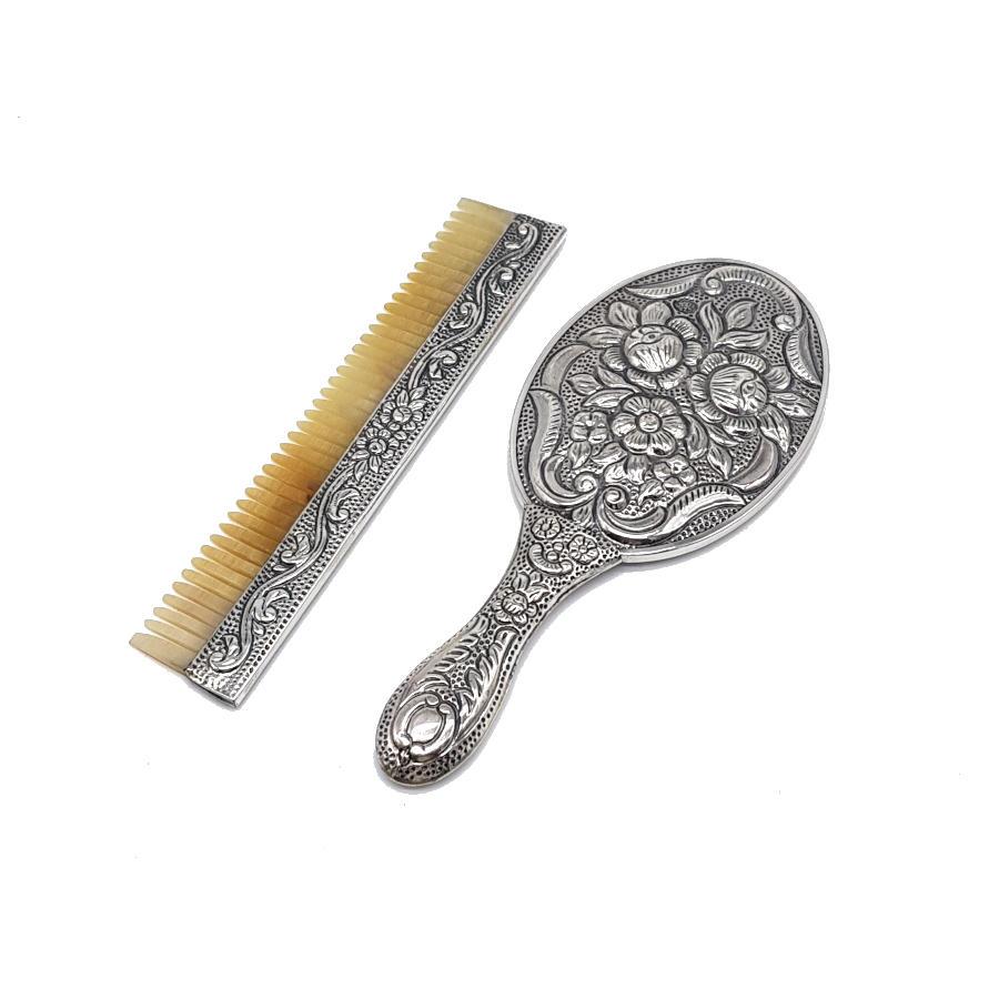 Rose Patterned Hand Mirror Comb Set of Two Silver No. 2 - CNG Jewels