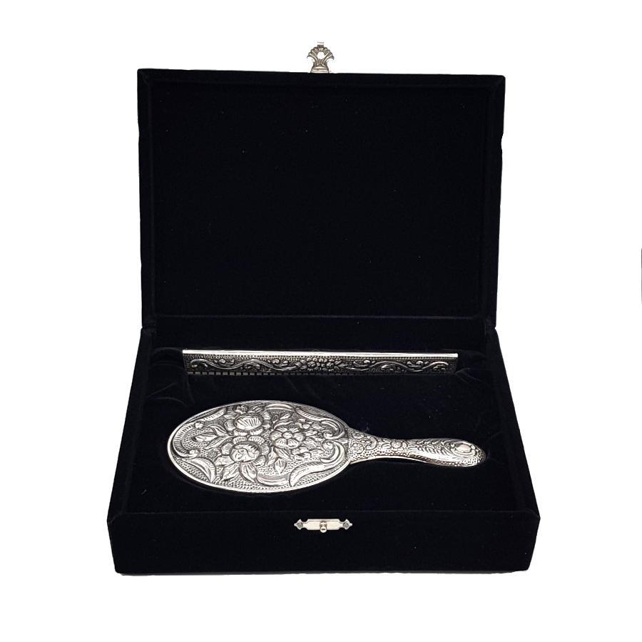 Rose Patterned Hand Mirror Comb Set of Two Silver No. 2 - CNG Jewels (1)