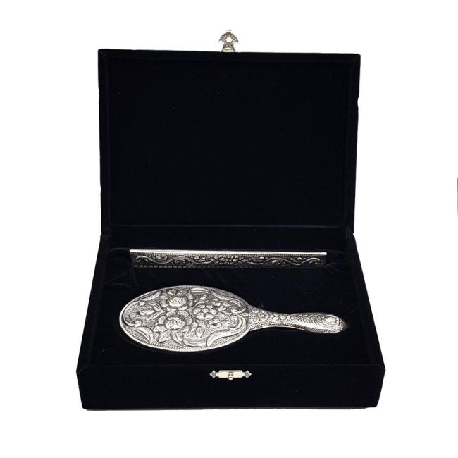 Rose Patterned Hand Mirror Comb Set of Two Silver No. 2 - 2