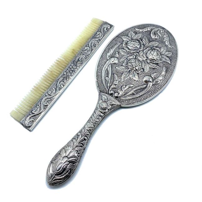 Rose Patterned Large Hand Mirror Comb Set of Two Silver No. 4 - 1