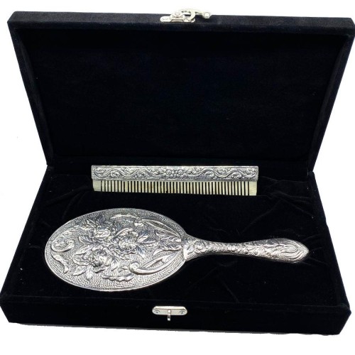 Rose Patterned Large Hand Mirror Comb Set of Two Silver No. 4 - 2
