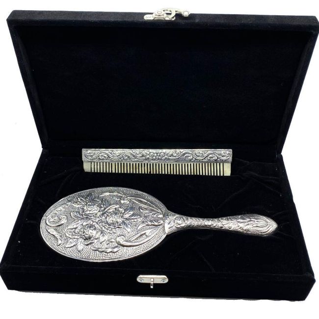 Rose Patterned Large Hand Mirror Comb Set of Two Silver No. 4 - 2