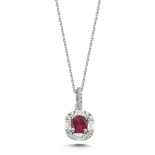 Ruby Baguette Stone Design Women's Silver Necklace - 1