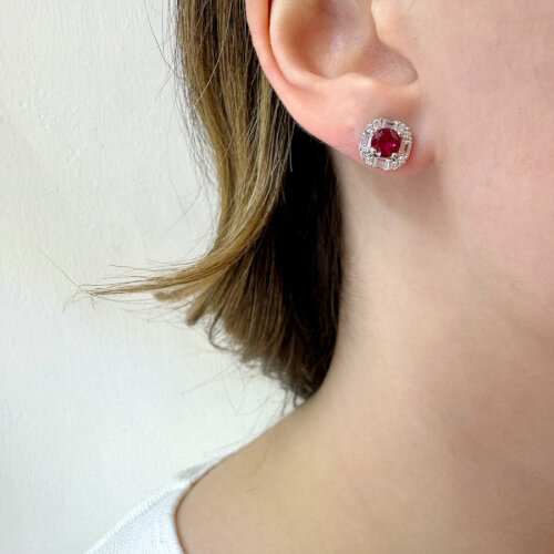 Ruby Baguette Stone Design Women's Silver Earrings - CNG Jewels (1)