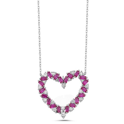 CNG Jewels - Ruby Baget Taşlı Tasarım Kalp Gümüş Kadın Kolye