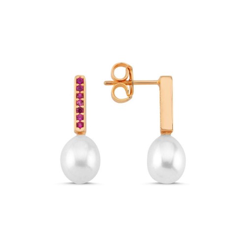 Ruby Drop Real Pearl Rose Women's Silver Earrings - CNG Jewels